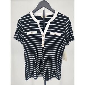 Gemma & Olivia Womens Striped Ribbed Knit Top Short Sleeve Button V-Neck Black L